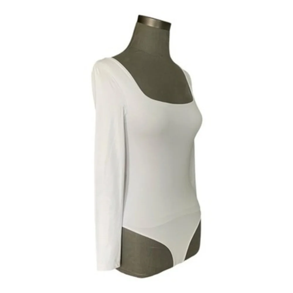 Flevita White Square Neck Long Sleeve Thong Bodysuit Womens Size S VG